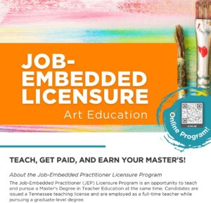 Flyer for the Job-Embedded Licensure Teacher Education Masters (Art Education) Program with an orange and white block title and containing the information also in text on this website and a picture on the front page of a diverse group of middle grad students painting on easels.